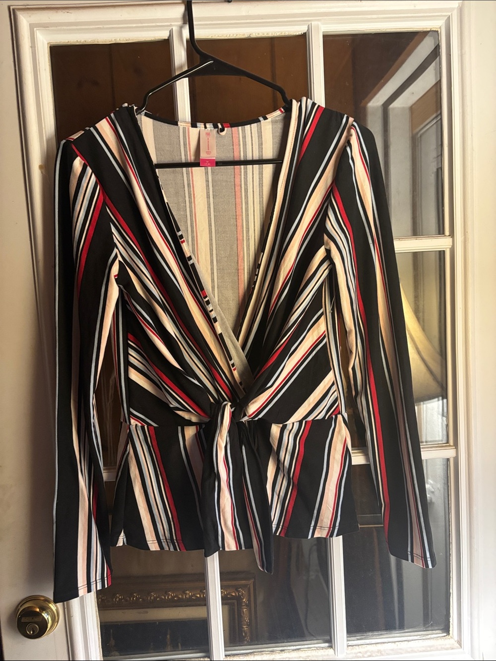 No Boundaries Black, Cream & Red Striped Tie-Front Blouse